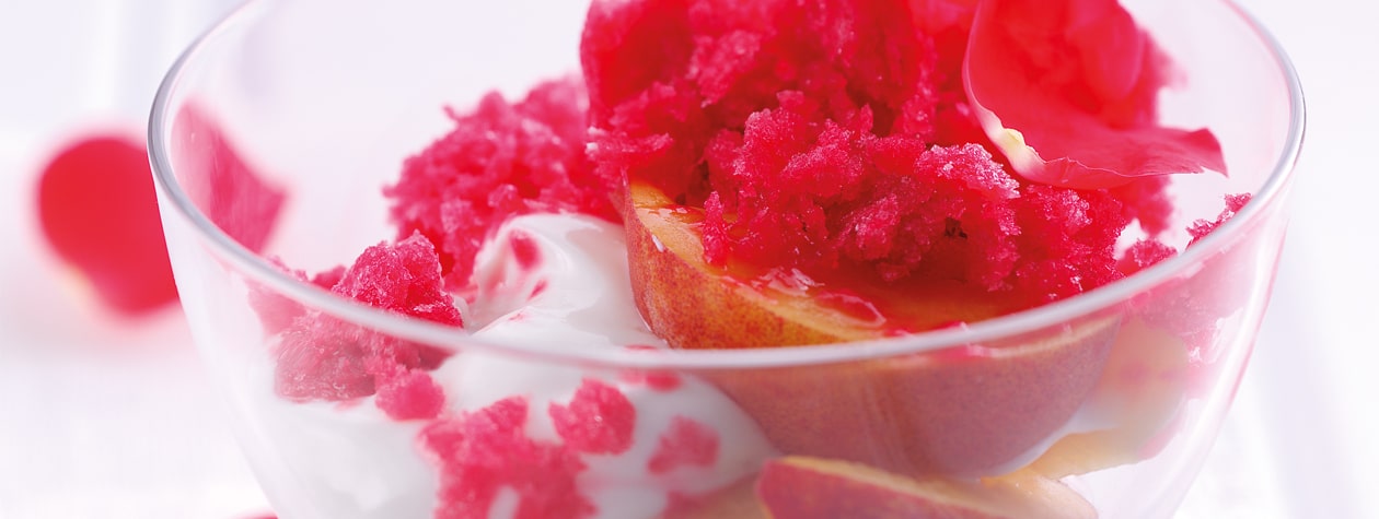 Raspberry Granita with Peaches & Rosewater Yoghurt