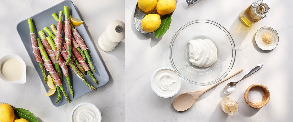 Prosciutto Wrapped Asparagus with Lemon Yoghurt Glaze