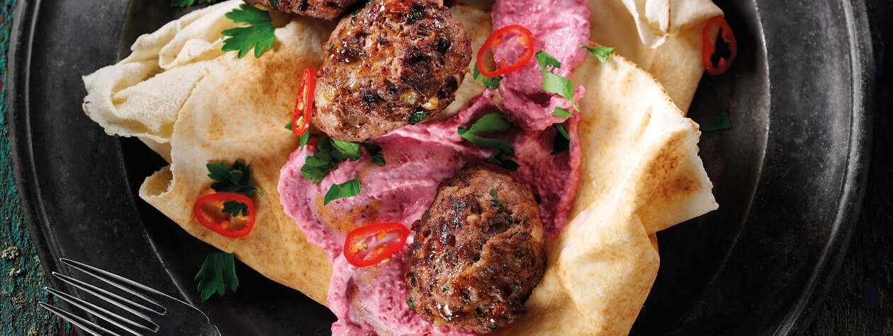 Meat Kofta with Yoghurt & Beetroot Tahini Sauce