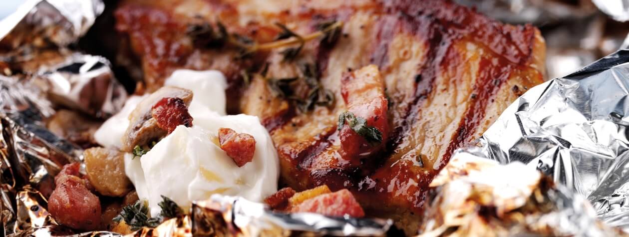 Pork Loin Steaks with Mushrooms, Smoked Bacon & Apple Yoghurt